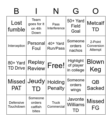 Monday Night Football Bingo Card