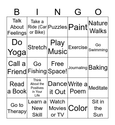 Positive Coping Skills Bingo Card