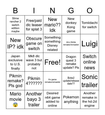 Nintendo 9/13 Direct 2022 Bingo Card
