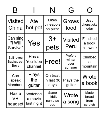 Sample Bingo Card