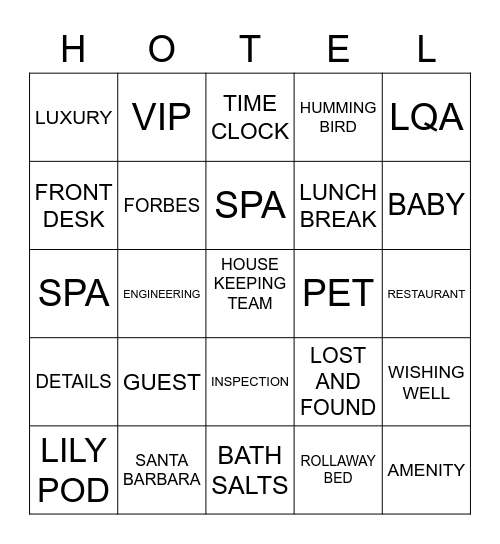 Hotel Bingo Card