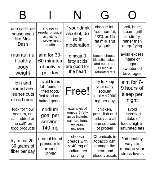 Heart Healthy Bingo Card