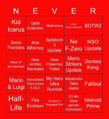 Nintendo Direct Bingo Card