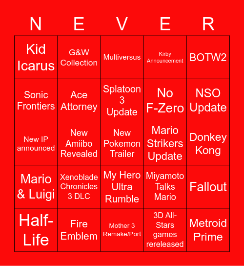 Nintendo Direct Bingo Card