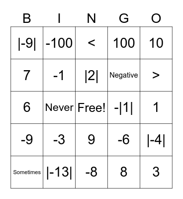 Integer and Absolute Value BINGO Card