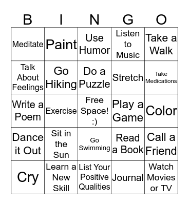 Positive Coping Skills Bingo Card