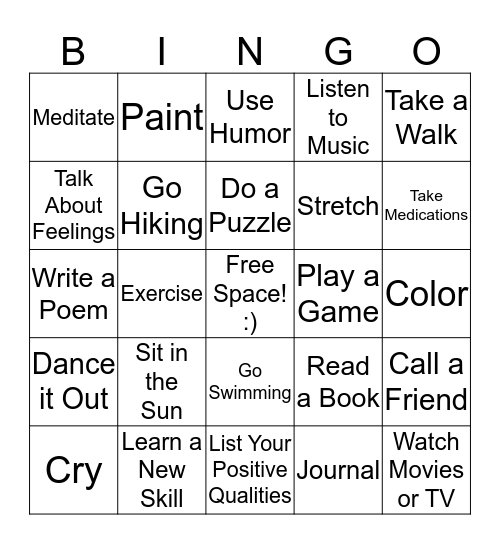 Positive Coping Skills Bingo Card