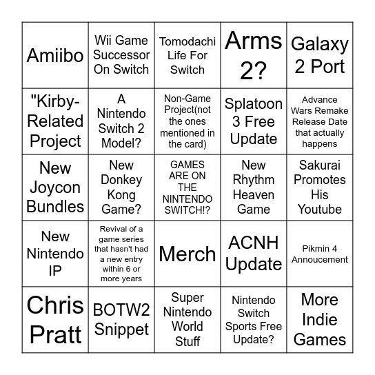 Nintendo Direct September 2022 Bingo Card