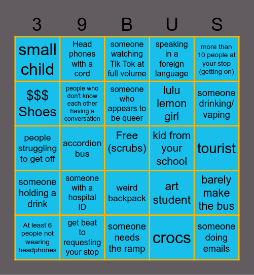 39 bus Bingo (2.0) Bingo Card