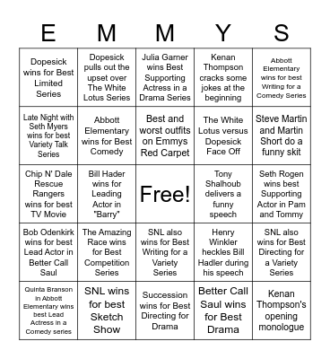 2022 Emmys Bingo Card