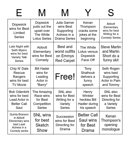 2022 Emmys Bingo Card