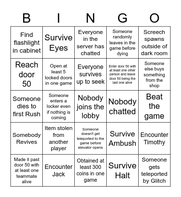 Roblox Doors Bingo (multiplayer lobbies) Bingo Card