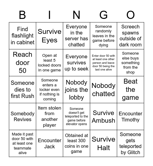 Roblox Doors Bingo (multiplayer lobbies) Bingo Card