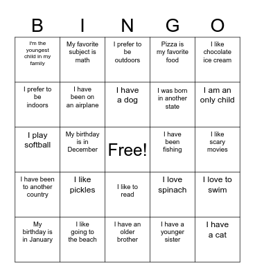 Ice breaker Bingo Card