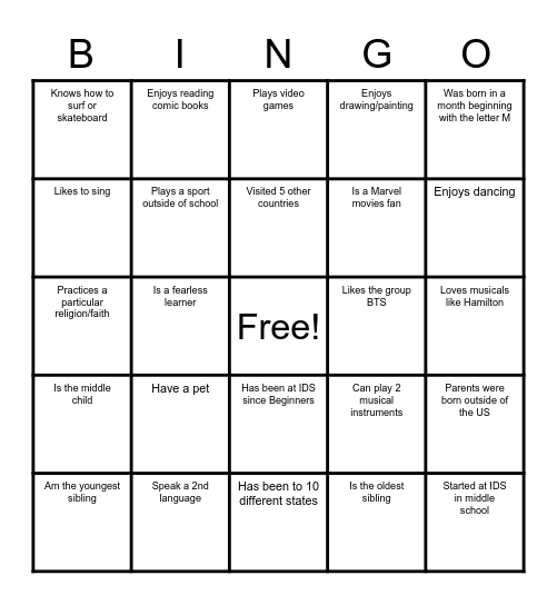 IDS Middle School Get To Know You Bingo Card