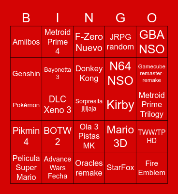 Nintendo Direct 13/09 Bingo Card
