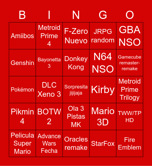 Nintendo Direct 13/09 Bingo Card