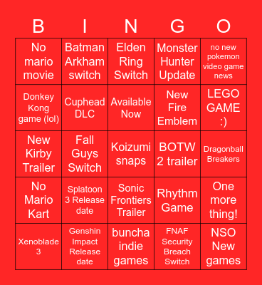 Nintendo Direct 9/13/22 Bingo Card