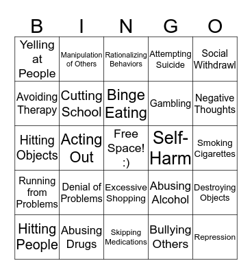 Negative Coping Skills Bingo Card