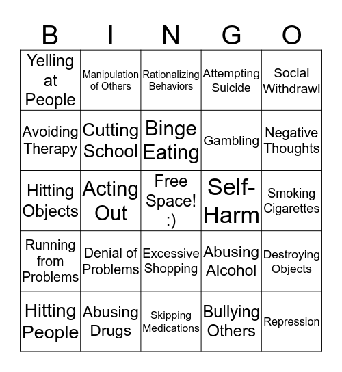 Negative Coping Skills Bingo Card