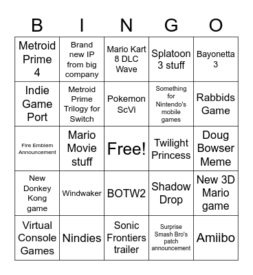 Nintendo Direct Bingo Card