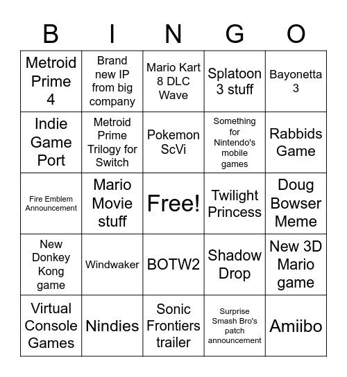 Nintendo Direct Bingo Card