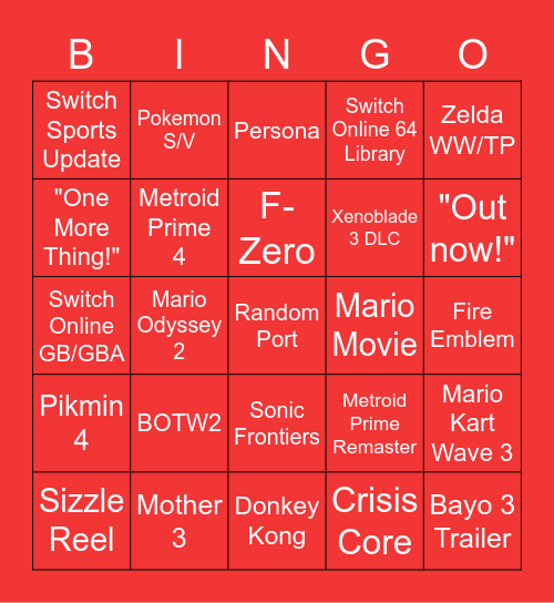 Nintendo Direct 9/12/22 Bingo Card