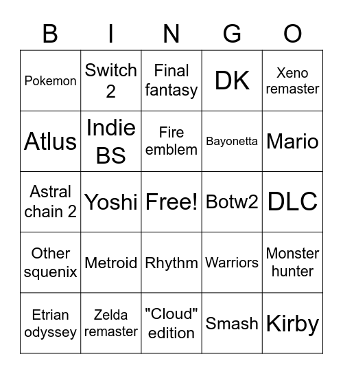 Nintendo 2023 Bingo Card