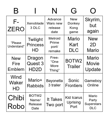 Nintendo Direct Bingo Card