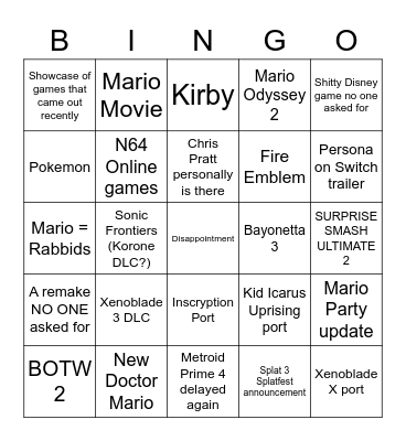 September 2022 Nintendo Direct Bingo Card