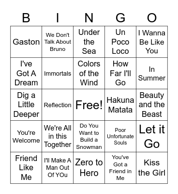 Disney Hits! Bingo Card