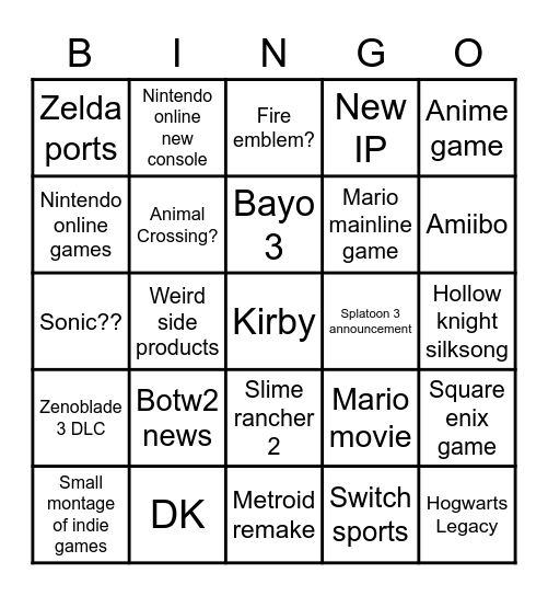 Nintendo Direct 9.13.22 Bingo Card