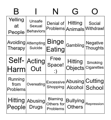 Negative Coping Skills Bingo Card