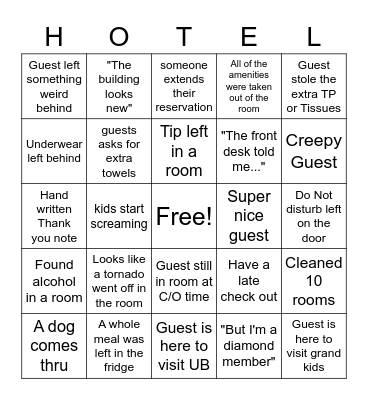 Housekeeping Olympics 2022 Bingo Card