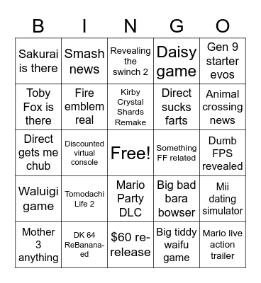 Nintendy Disrespect Bingo Card
