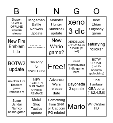 NINTENDO DIRECT Bingo Card