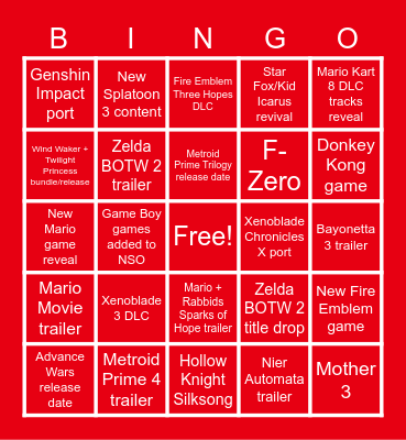 Nintendo Direct 9/13/22 Bingo Card