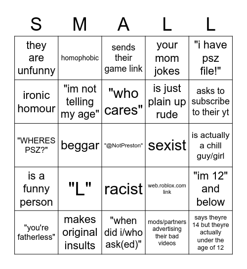 Small games bingo! Bingo Card