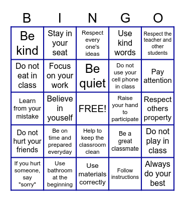 Class Rules and Expectations Bingo Card