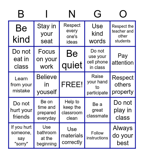 Class Rules and Expectations Bingo Card