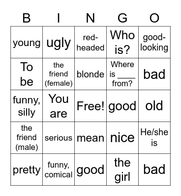 1.1 vocab Bingo Card