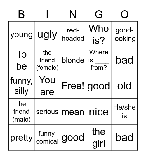 1.1 vocab Bingo Card