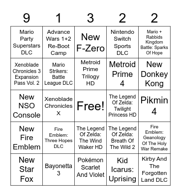 Nintendo Direct 9/13/22 Bingo Card