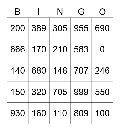 Number Bingo 0200 Bingo Card