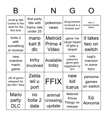 September 22 Nintendo Direct Bingo Card