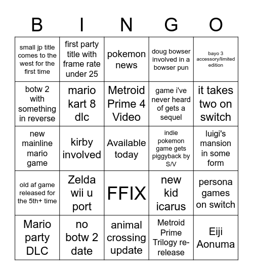 September 22 Nintendo Direct Bingo Card