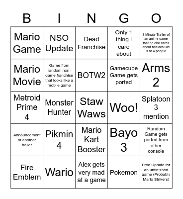 Nintendo Direct 9/13 Bingo Card
