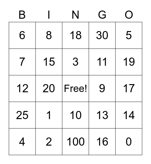 Perfect Squares 1-20 Bingo Card