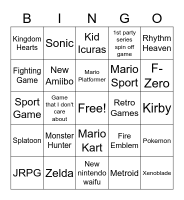 Nintendo Direct 9/13 Bingo Card