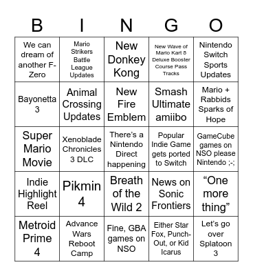 Nintendo Direct 9.13.22 Bingo Card